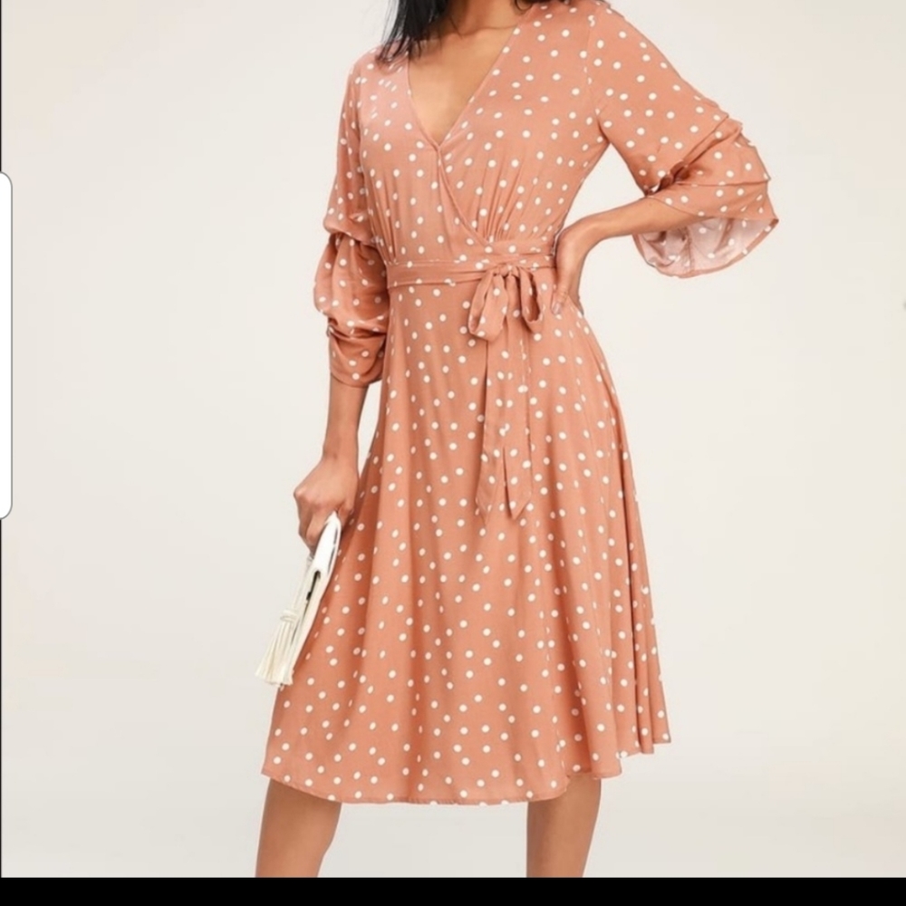 Lulus Peach Polka Dot Wrap Dress